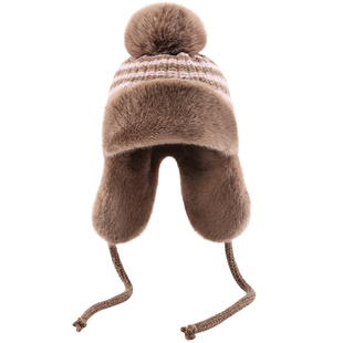 毛球针织雷锋帽女生加绒加厚保暖护耳毛绒帽子冬天骑行防冻包头帽