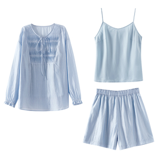 OSA欧莎初春穿搭一整套宽松休闲套装女士新款吊带衬衫短裤三件套