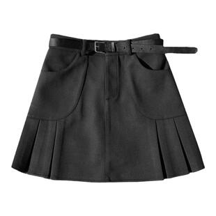 毛呢百褶半身裙韩系减龄学院风A字短裙秋冬大码胖m配腰带高腰裙子