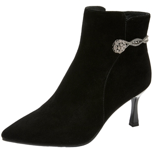 康莉羊皮高跟靴子女2025冬季新款真皮尖头细跟时装靴黑色短筒女靴