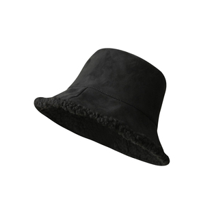 冬季鹿皮绒渔夫帽女双面戴羊羔绒保暖帽子百搭杏色宽檐显脸小盆帽