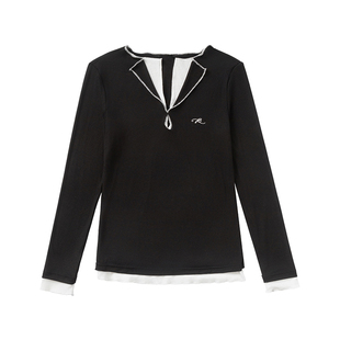 KXLFCHN空穴来风  假两件花边修身T恤休闲简约翻领百搭长袖上衣女