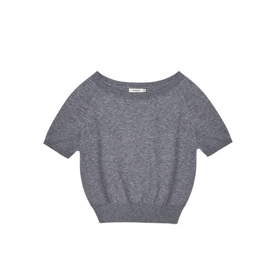 LINHOUSE复古法式灰色斜肩短袖