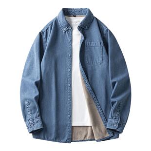 加绒加厚牛仔长袖衬衫男2025春秋冬季新款复古宽松口袋衬衣外套