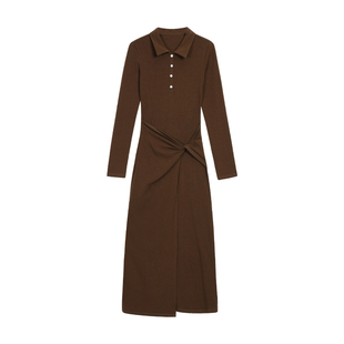 pusumede 雕塑女神 polo领扭结连衣裙女设计感修身长袖针织包臀裙