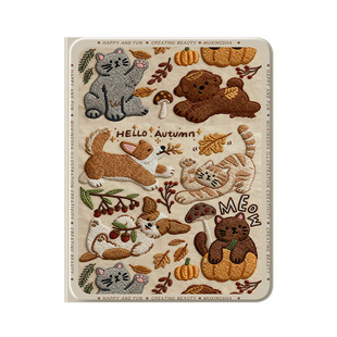 适用苹果ipadair7平板壳仿刺绣猫咪ipadpro保护套ipad11冬季ipadmini6带笔槽10小猫9狗狗8迷你5网红mini4代3