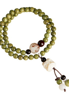 天然老绿檀静心双圈醒狮手链