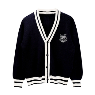 学院风冬季休闲加厚V领开衫针织衫男 时尚复古徽章刺绣毛衣外套男