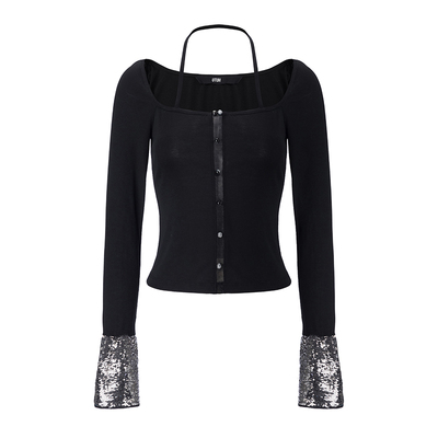 黑色方领长袖修身亮片T恤