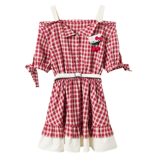 织物猪 甜莓樱桃 甜美风红色格纹连衣裙女春夏收腰显瘦露肩短裙子