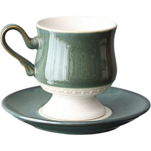 中古风翡翠绿陶瓷高脚咖啡杯碟下午茶花茶杯子小众复古拿铁马克杯