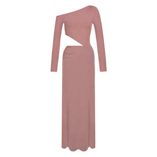 ITSNIKAR欧美斜肩连衣裙女春长袖包臀针织裙镂空设计感露肩长裙子