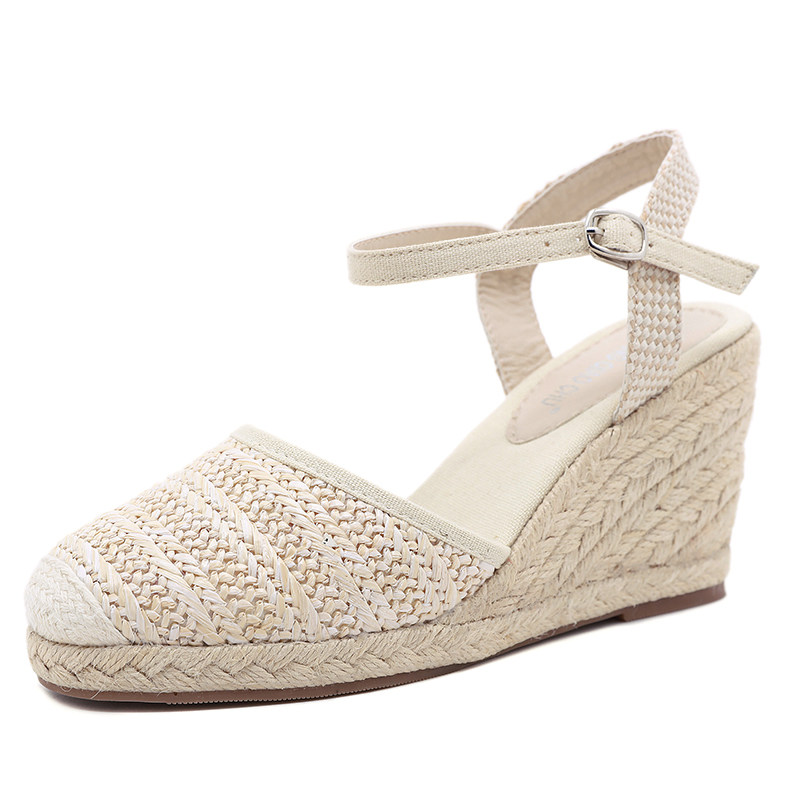舒适透气坡跟亚麻布包头渔夫鞋