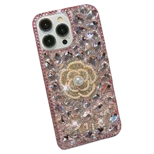 For Iphone 12 13 14 15 16 17 Air Pro Max Luxury Letter Camellia Diamond Flower Crystal Phone Case