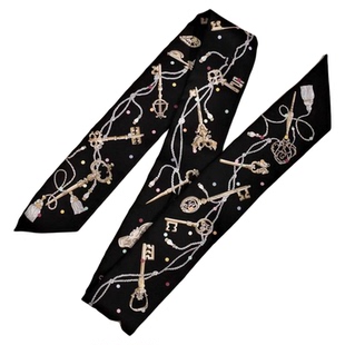 黑钥匙印花小丝巾改造包包链条手柄飘带装饰领巾韩式发带缠包丝带