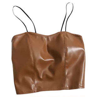 PU皮韩版短款一体杯细肩带背心PU Leather Cropped Slim Camisole