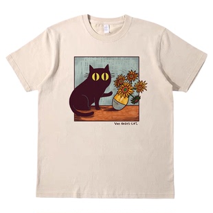 梵高的猫 趣味搞怪美式休闲T恤复古vintage男女宽松纯棉短袖tee