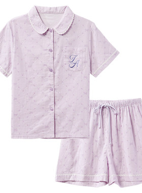tutuanna全棉女款睡衣夏 菱形格口袋刺绣前扣短袖短裤家居服套装