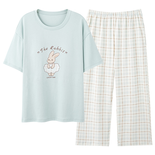 芬腾可安睡衣女款2026新款夏季纯棉带胸垫短袖七分裤韵家居服夏天