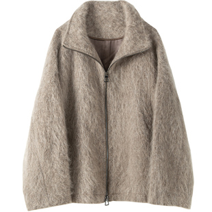 意式高级简约毛绒山羊绒+绵羊毛混纺毛呢短款大衣宽松立领外套女