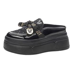 夏天包头半托女外穿厚底内增高8.5cm亮面蝴蝶结一脚蹬懒人半拖鞋