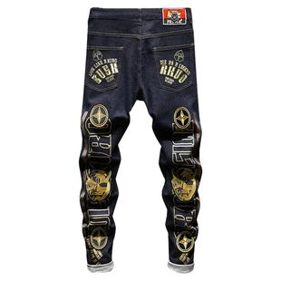 陈冠希痞帅裤子男牛仔裤香港潮牌原色水洗印花刺绣弹力修身小直筒