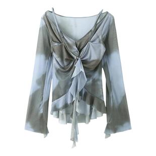 LYRCCOA星奢买手店设计师荷叶边扭结晕染网纱上衣女时尚百搭新款