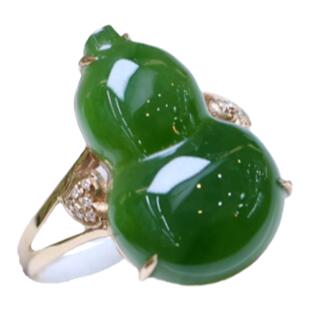 双十一特惠天然和田玉戒指女 正宗菠菜绿碧玉葫芦镶嵌18k黄金指环