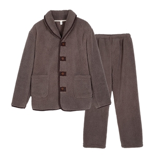 2025秋冬季青果领贴布扣珊瑚绒睡衣加厚咖色大码男士家居服套装