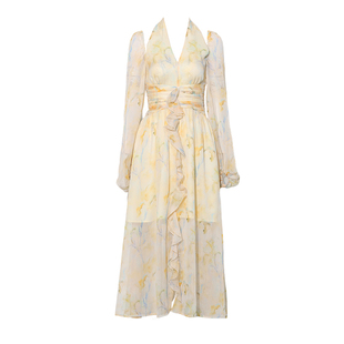 DPLAY年秋季新款黄色法式连衣裙女流行长裙气质度假长款裙子