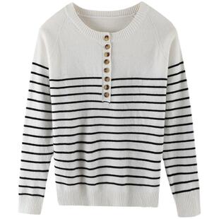 100%纯棉针织衫女圆领条纹宽松纽扣毛衣2022春新款外穿长袖薄上衣