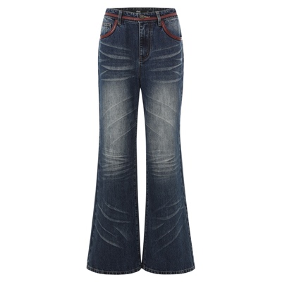 诱货蓝红拼皮微喇牛仔裤复古