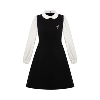 Even一雯【乖乖千金】韩系高智感精致简约假两件收腰连衣裙带胸针