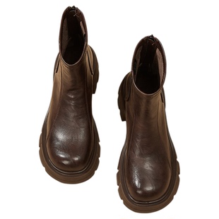 达芙妮女鞋真皮切尔西靴子女黑色短靴烟筒厚底马丁靴女款秋冬女靴