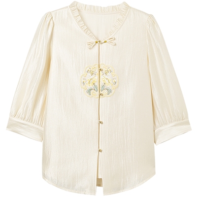 KBNE衬衫女国风新中式重工刺绣衬衣2025夏季新款米色短袖上衣女装