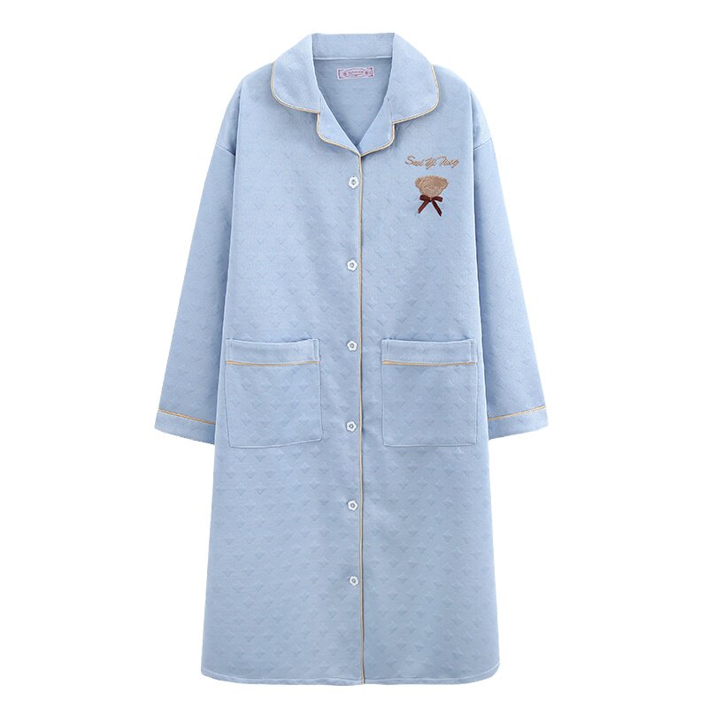 秋冬季加厚夹棉睡裙女夹层空气棉开衫长款加棉月子服待产裙家居服
