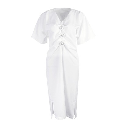 珍珠优雅褶皱短袖夏季小白裙