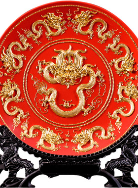 金箔打造九龙红盘客厅陶瓷摆件