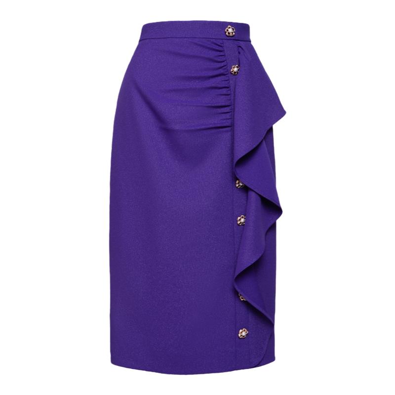 Magic Q独家原创设计深紫色珍珠扣装饰抽褶荷叶边高腰显高半身裙