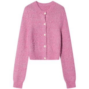 COVERINS软糯毛绒肌理圆领针织开衫女短款毛衣外套CC34106250