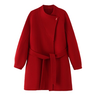 新年红色双面羊毛呢外套2025年冬新款高级感小个子收腰中长款大衣