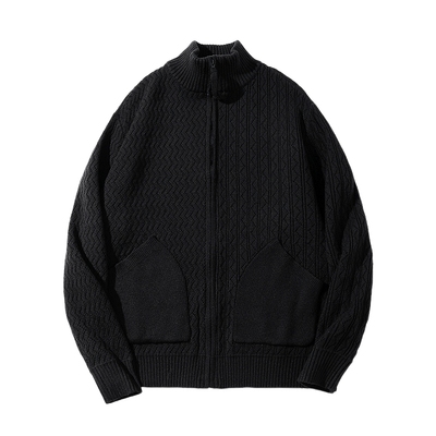 拉链开衫半高领毛料织纱毛衣