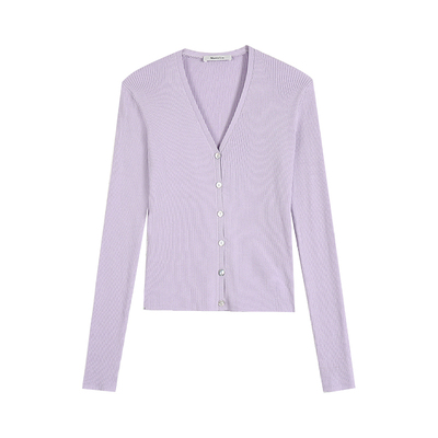 Maven Lin 弹性竖坑V领吊带背心女两件套修身长袖针织开衫上衣