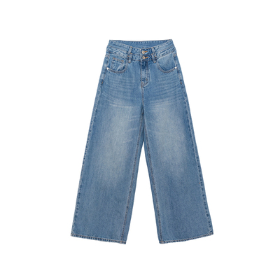 复古阔腿拖地牛仔裤女春季蓝色