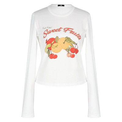 SEEKSIMPLE 高密棉纺|水果印花|复古正肩长袖短款t恤上衣