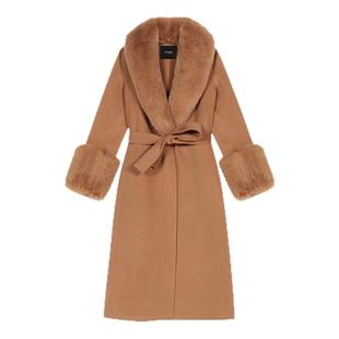 Maje Outlets女装法式时尚驼色系带收腰绵羊毛混纺毛呢大衣外套