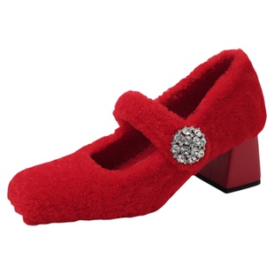 潮履汇高跟鞋女婚鞋粗跟玛丽珍女鞋冬水钻扣毛毛鞋外穿蝴蝶结加绒