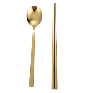 304不锈钢韩式韩国筷子扁方形六环家用防滑筷商用烤肉店金色餐具