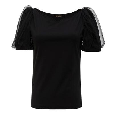 罗衣淑女心形纯色泡泡袖针织T恤