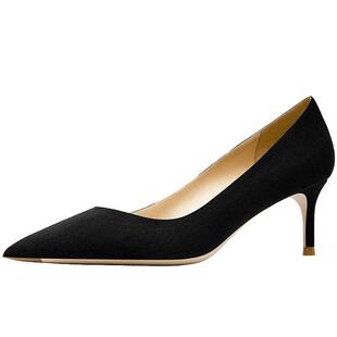 黑色职业软皮中跟百搭不累脚细跟尖头舒适高跟鞋女2025年新款单鞋